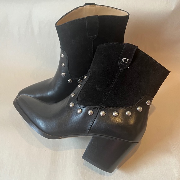 Coach Black Pauline Studded Black Leather Suede Glam Rock Cowboy Booties Boots - Picture 6 of 15